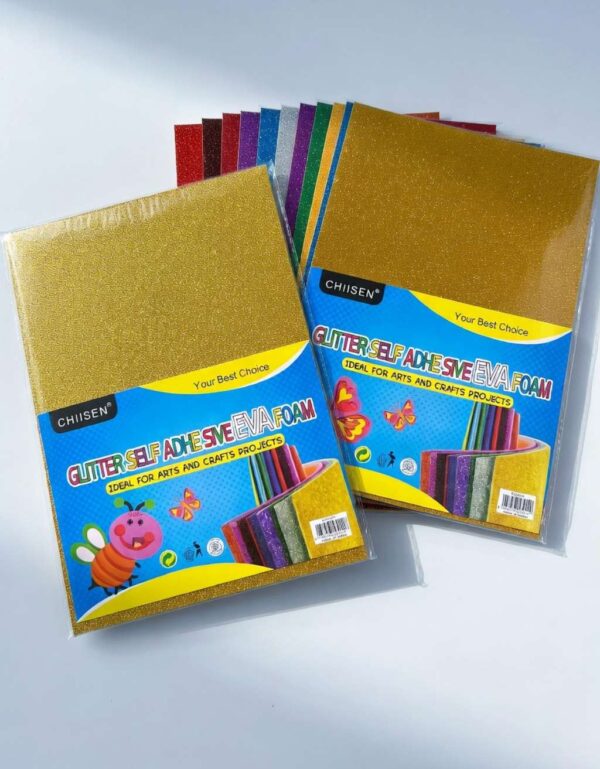 Glitter Foam Sheets A4 Multi Color & Golden Pack | Self-Adhesive EVA Craft Sheets (10 pcs)