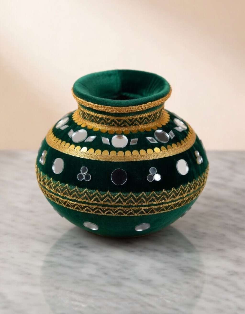 Luxury Green Velvet Wedding Matki with Traditional Gold and Mirrorwork Decor