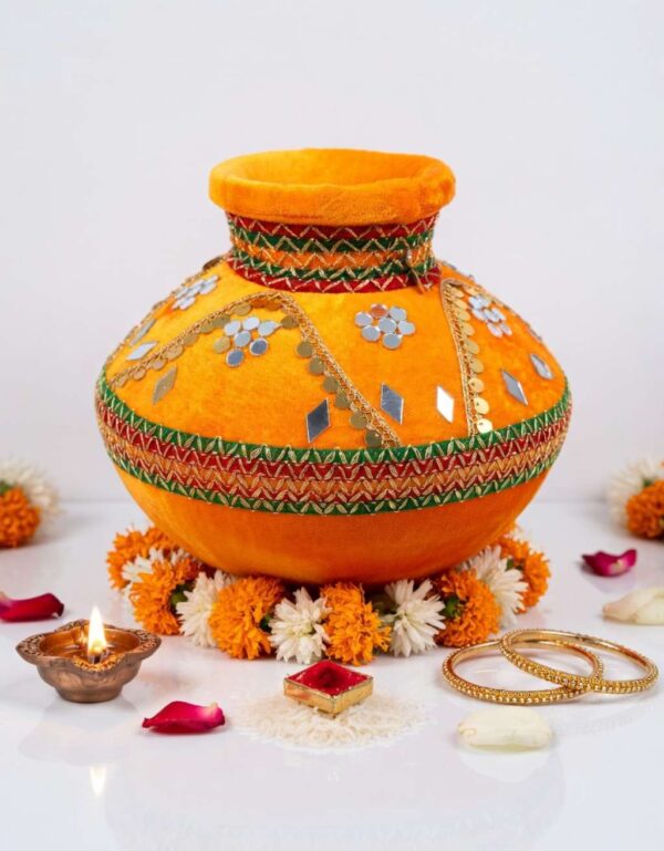 Marriage Velvet Matki Ornamental Kalash for Mehndi, Mayun & Shaadi Events Regular Size