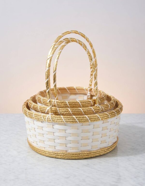 3-Piece Handcrafted Round Cane Gift Basket Set White & Gold Decorative Hamper Baskets | by Lawat Co.