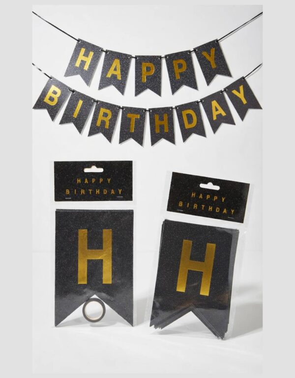 Black & Gold Glitter HAPPY BIRTHDAY Banner Set Reusable Party Hanging Decoration | by Lawat Co.