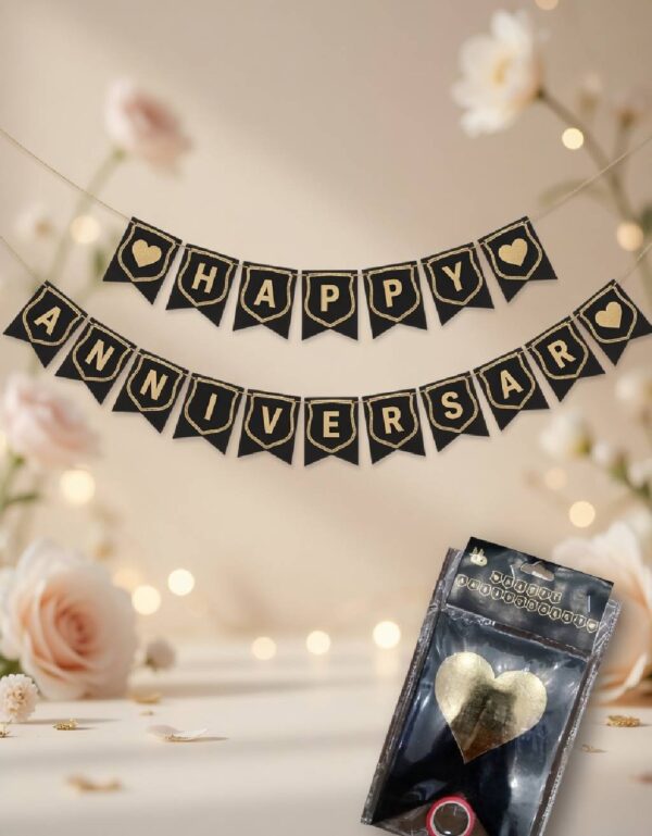 Black & Gold HAPPY ANNIVERSARY Bunting Banner Elegant Party Decoration | Lawat Co.