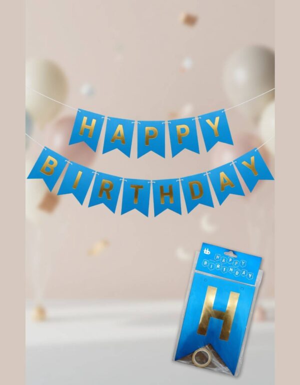 Blue & Gold HAPPY BIRTHDAY Cardboard Garland Banner Elegant Party Decoration Set | by Lawat Co.