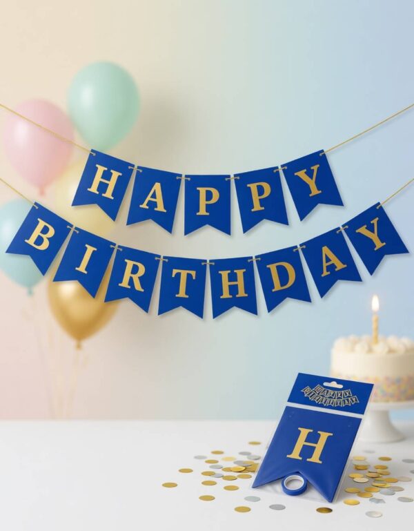 Blue & Gold HAPPY BIRTHDAY Paper Bunting Banner Set Reusable Party Hanging Decoration Lawat Co.