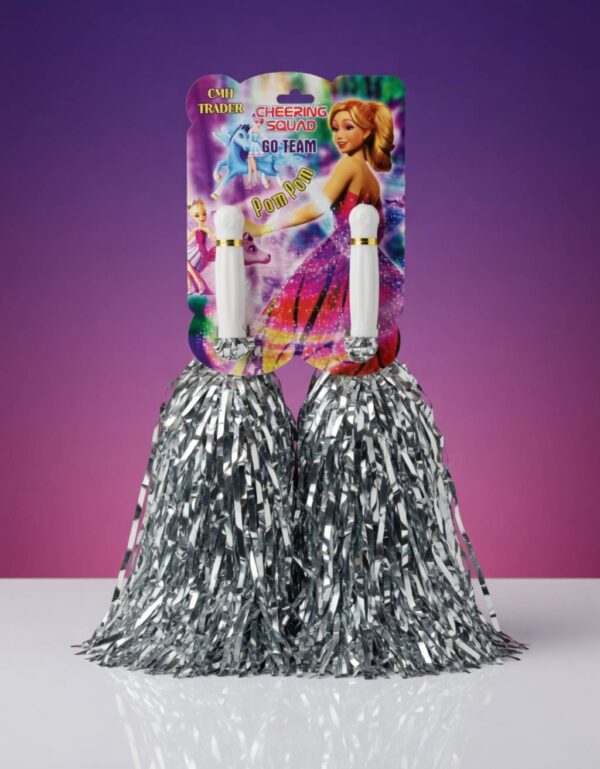 Metallic Silver Cheering Squad Pom Poms Premium Cheerleader Spirit Hand Pom Poms with White Handles by Lawat Co.