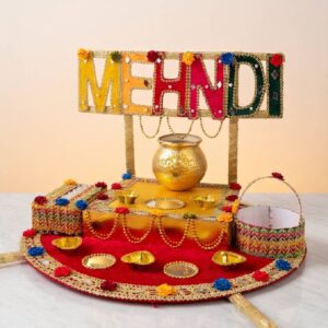 Velvet Border and Decorative Diyas Mayoon and Mehendi Ceremonies | Handmade Mehndi Rasam Thaal by Lawat Co.