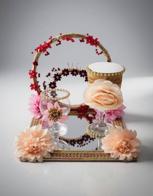 Elegant Doodh Pilai Glass Set with Floral Hoop & Mirror Tray Traditional Pakistani Wedding Decor by Lawat Co.