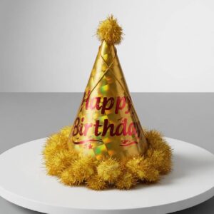 Golden Festive Cone Birthday Hat with Tinsel Trim 1 Piece