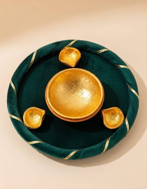 Lawat Co. Wedding Haldi Mayoon & Festive Ceremonies: Decorative Red Velvet & Gold Mehndi Thali with Diya Lamps