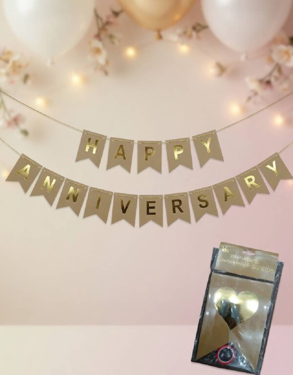 HAPPY ANNIVERSARY Banner Heart-Themed Elegant Gold Foil Cardstock Decoration Lawat Co.