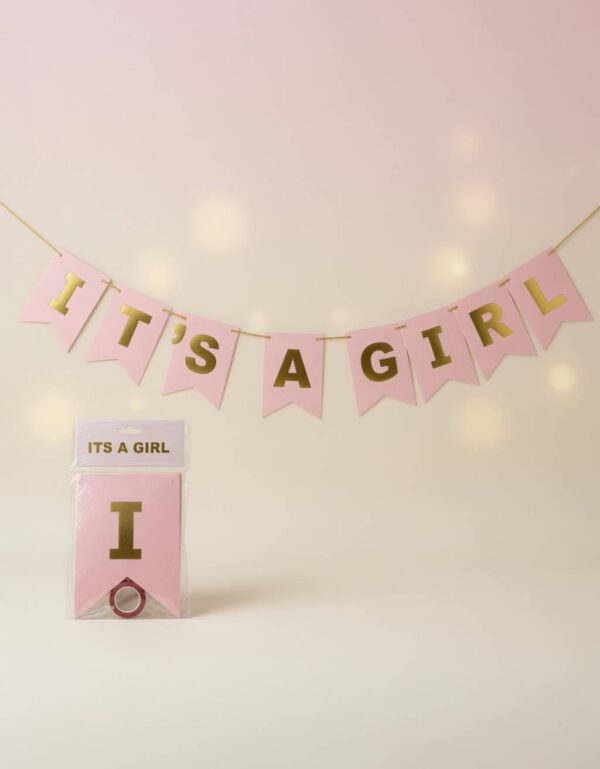 Lawat Co. Baby Shower Bunting Banner “It’s a Girl” Pink & Gold Foil Party Decorattion