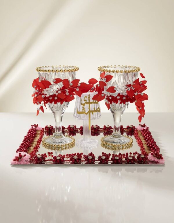 Lawat Co. Traditional Doodh Pilai Glass & Mirror Tray Set for Pakistani Weddings Red & Gold Bridal Ceremony Decor.