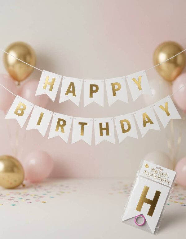 Lawat Co. White Cardstock HAPPY BIRTHDAY Banner with Gold Foil Lettering Reusable Party Hanging Decoration