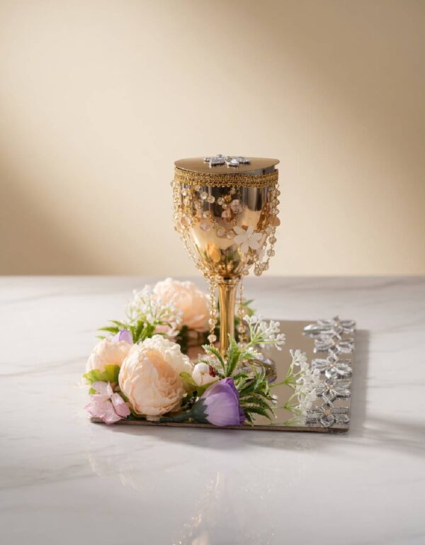 Luxury Gold Doodh Pilai Glass Set with Crystal Florals & Mirror Tray Pakistani Wedding Decor by Lawat Co.