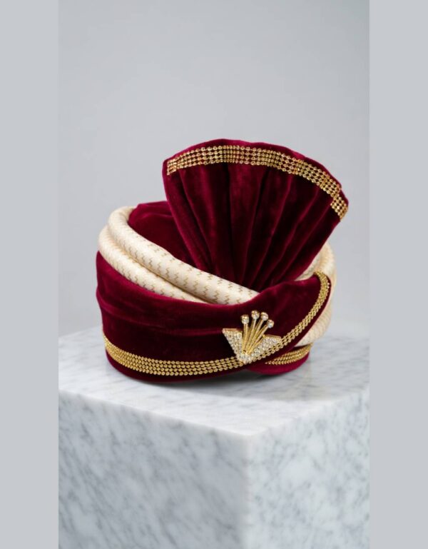 Luxury Maroon Velvet Wedding Kulla / Safa Groom Traditional Turban with Sarpech | by Lawat Co.