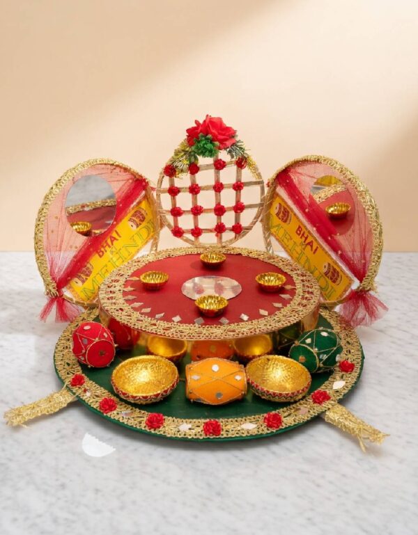 Mehndi Haldi Thaal Plate with Red Roses, Mirrors, and Gold Embellishments for Wedding Ceremonies | Lawat Co.