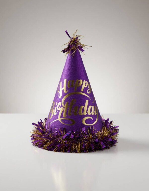 Purple Glitter Happy Birthday Cone Party Hat with Gold Tinsel Trim | by Lawat Co.