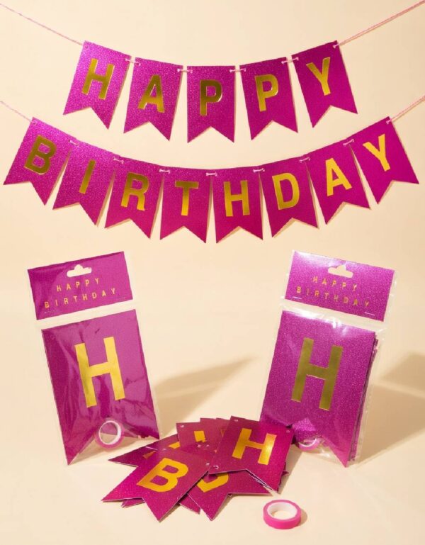 Purple HAPPY BIRTHDAY Bunting Banner with Gold Foil Lettering Elegant Party Decor | Lawat Co
