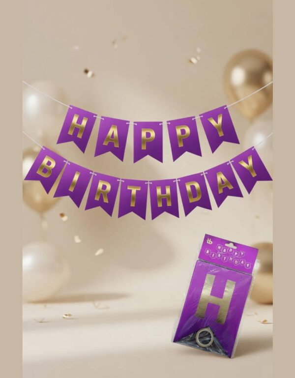 Purple HAPPY BIRTHDAY Bunting Banner with Gold Foil Lettering Elegant Party Decor | Lawat Co