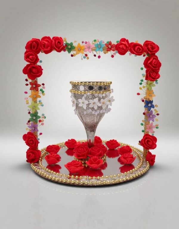 Red & Gold Embellished Doodh Pilai Glass Tray Set Traditional Pakistani Wedding Ceremony Decor  by Lawat Co.