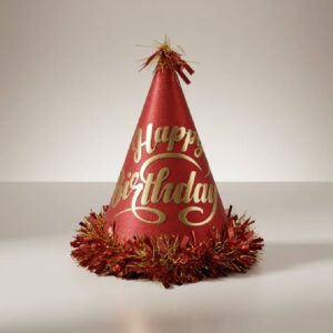 Red Gold Glitter Paper Cone Party Hat with Tinsel Trim 1 Piece
