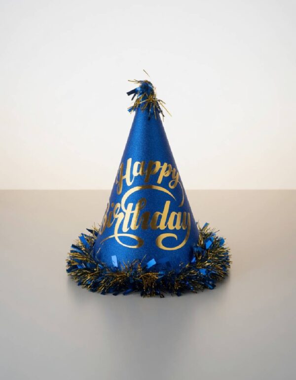 Royal Blue Glitter Happy Birthday Cone Party Hat with Gold Fringe by Lawat Co.