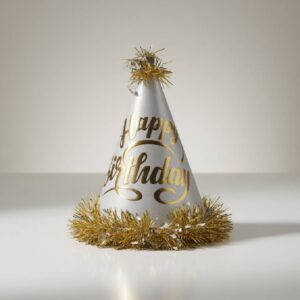 Silver Happy Birthday Cone Party Hat with Gold Text & Fringe Trim 1 Piece