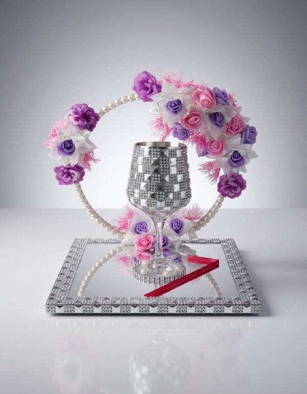 Sparkling Doodh Pilai Wedding Glass & Tray Set Crystal & Pearl Embellished Bridal Ceremony Decor | Lawat Co.