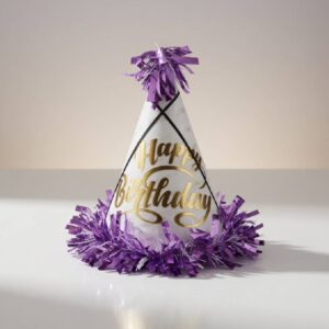 White Purple Happy Birthday Cone Party Hat with Golden Lettering 1 Piece