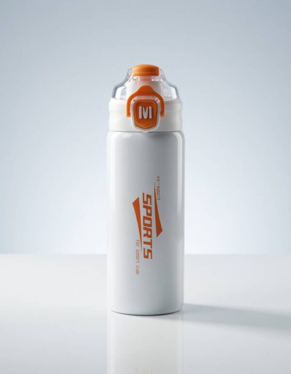 Stainless Steel Vacuum Insulated Sports Water Bottle with Straw White & Orange Thermos Bottle by Lawat Co.