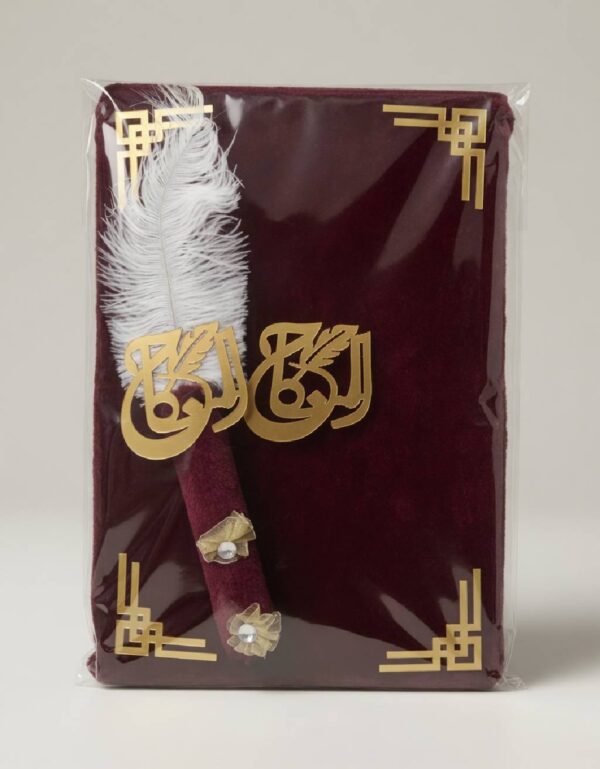 Lawat Co. has a luxury velvet Nikah Nama booklet with a decorative feather pen for wedding signatures and keepsakes.