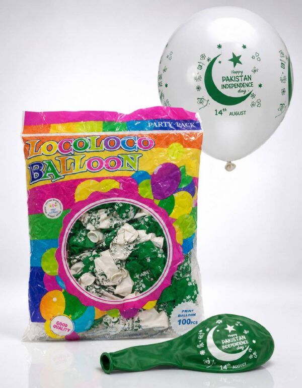 100 Pcs Happy Pakistan Independence Day Full Printed Balloons Premium Quality Green & White