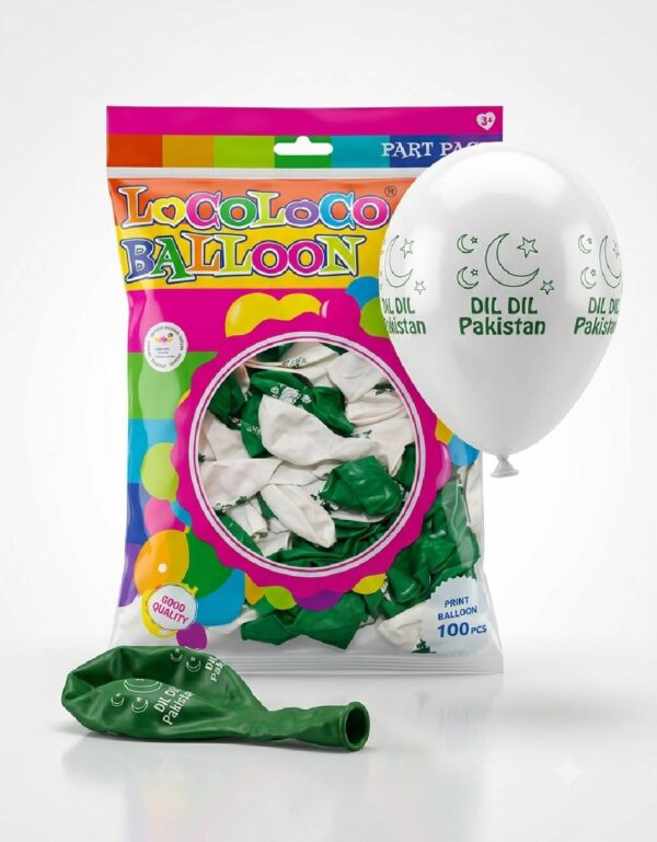 100 Pcs Pakistan Independence Day Half Printed Balloons Dil Dil Pakistan Green & White Balloon Set