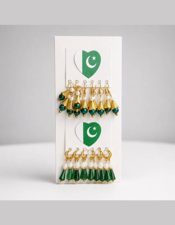 12 Pairs Pakistan Independence Day Green & White Patriotic Earrings Display Card
