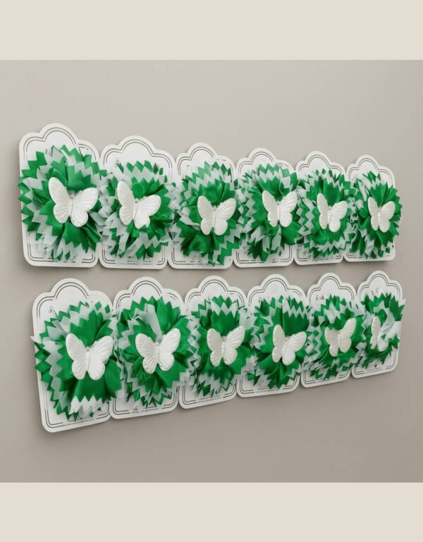12 Pcs Pakistan Independence Day Green & White Hair Bow Clips with Butterfly | Jashn-e-Azadi Hair Accessories for Girls