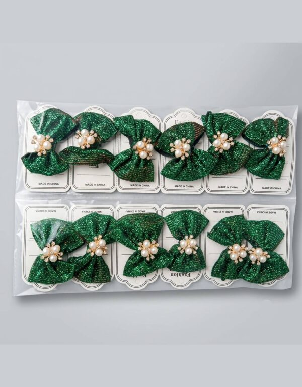 12 Pieces Green Glitter Hair Bow Clips Pearl & Rhinestone Bow Hair Accessories Wholesale Hair Clip Display Cards for Girls & Women