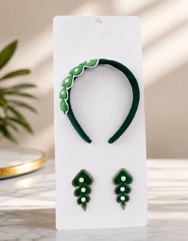 Dark Green Velvet Pearl Leaf Headband Elegant Hair Band for Women & Girls