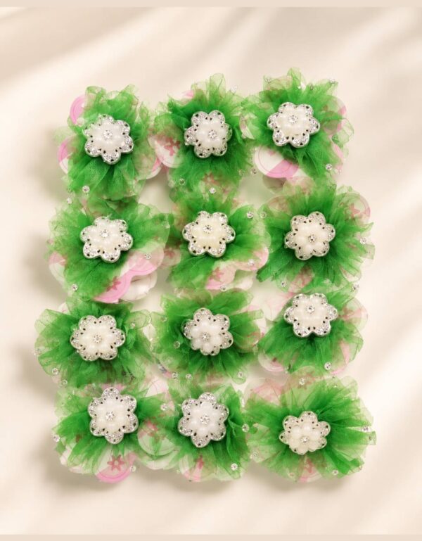 Green Net Fabric Pearl Flower Hair Accessories 12 Pieces Handmade Floral Hair Clips & Hair Ties