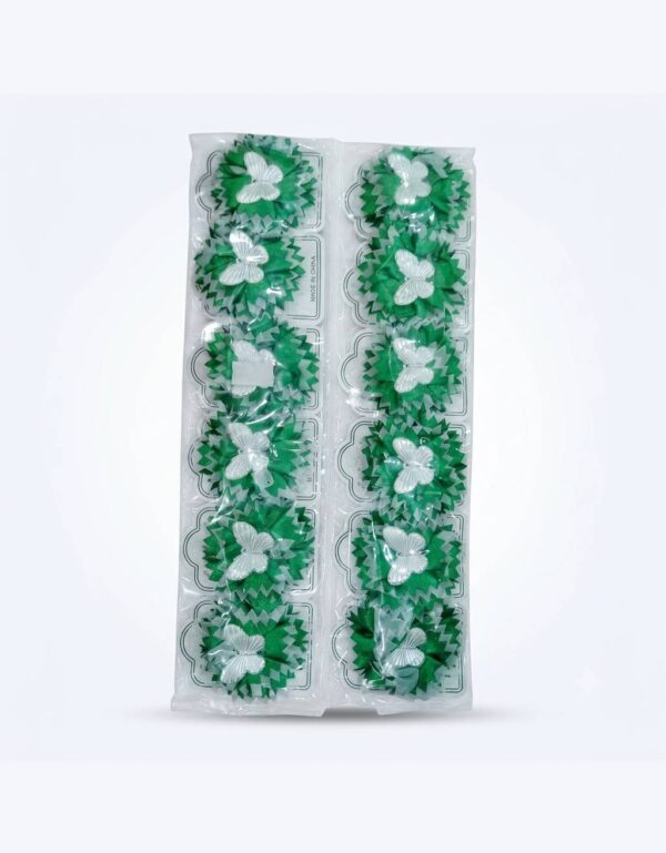 Green & White Ribbon Rosette Flower with Butterfly 12 pieces