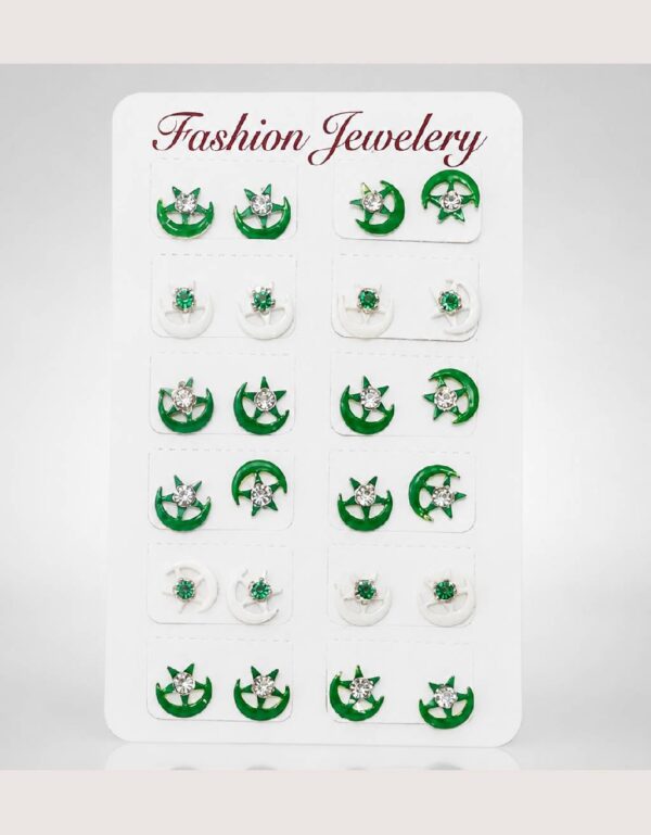 Lawat Co Pakistan Independence Day Moon & Star Stud Earrings - 12 Pairs Green & White Jewelry Set