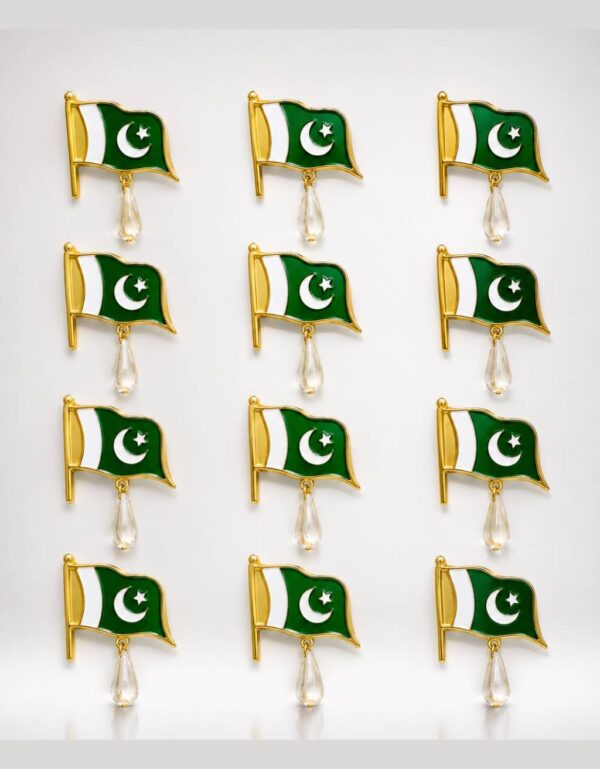 Metal Pakistan Flag Brooch with Crystal Charm (12 Pieces)