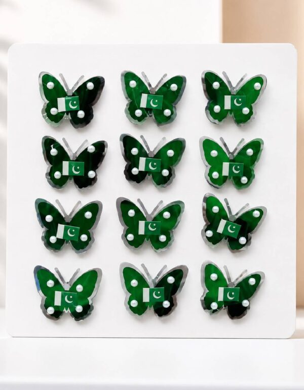 Pakistan Flag Butterfly Badge Set of 12 | Independence Day 14 August Butterfly Brooch Pins | Pakistan Flag Acrylic Lapel Badge | Patriotic Butterfly Pin by Lawat Co