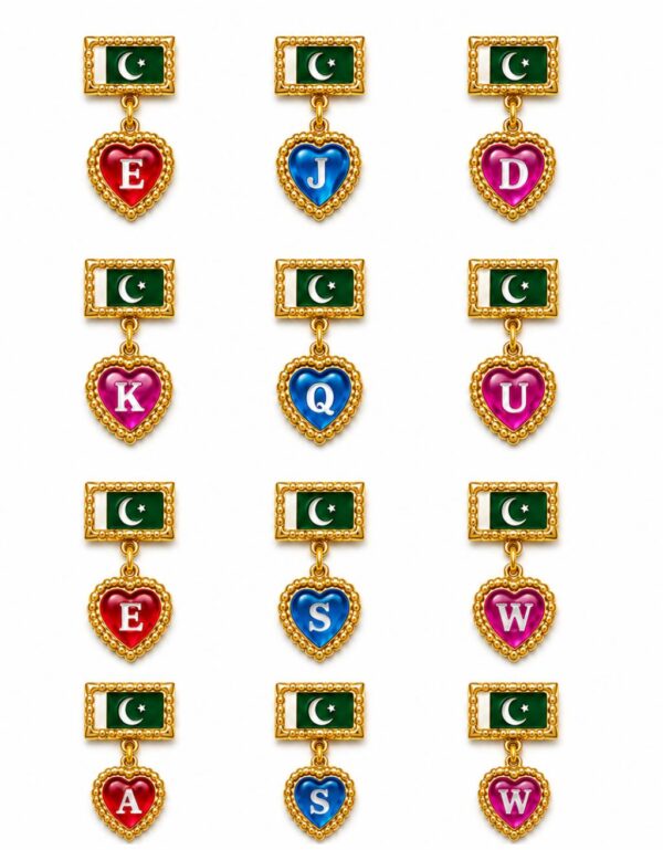 Pakistan Flag Lapel Pin with Alphabet Heart Pendant Independence Day Badge 12 pieces