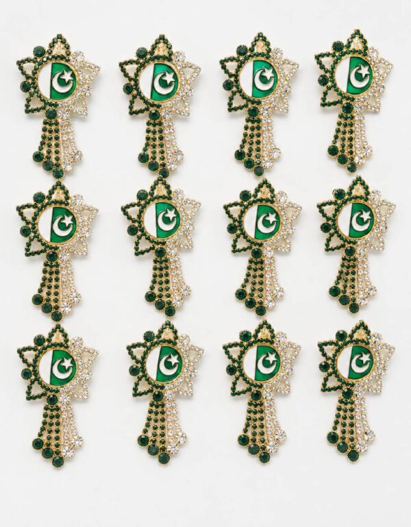 Pakistan Flag Rhinestone Lapel Brooch with Crystal Tassels Premium Patriotic Badge (Pack of 12) | Independence Day Pin | By Lawat Co