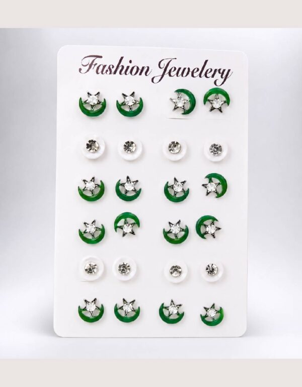 Pakistan Independence Day Green Crescent & Star Stud Earrings Set 4 Pairs