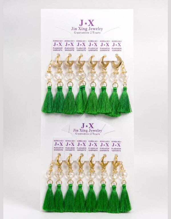 Wholesale Crescent Moon & Green Thread Tassel Earrings 12 Pairs Display Card