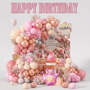 Colorful birthday party decorations with a happy birthday balloon theme.