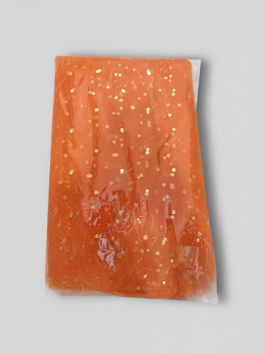 20-gauge orange net tulle fabric with shimmering golden foil dots