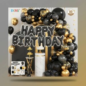 80-Piece Black and Gold Happy Birthday Balloon Arch Decoration Theme.