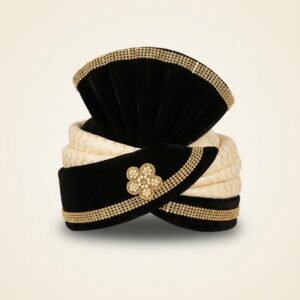 Black Velvet Groom Turban with Cream Folds & Pearl Floral Brooch
